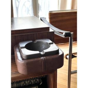 Cast Iron And Saddle-stitched Leather Ashtray Dlg Adnet Circa 1960
