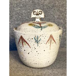“le Murier” Workshop By Gustave And Micheline Reynaud Vallauris: Covered Pot With Anthropom Grip