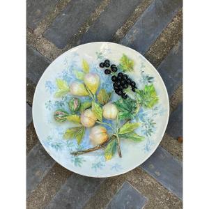 Large Barbotine Wall Dish (50cm) Longchamp, High Relief Fruit Decoration, 19th Century