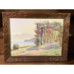 Flowering Pergola On The Shores Of Lake Geneva In Evian Les Bains, Watercolor By André Casabonne