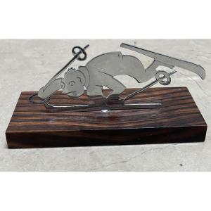 Sudre: Skier In Bad Posture, Chrome Plaque On Ebony Base 1930