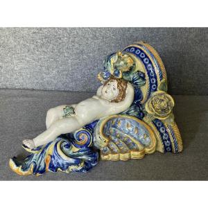 Polychrome Ceramic Wall Console Decorated With Puttos (putti, Italy), 19th Century