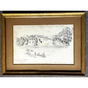 Pencil Drawing Depicting Laufen Castle In The Canton Of Zurich, Near Schaffhausen