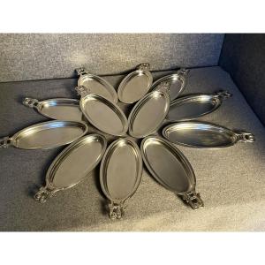 Set Of Twelve Small Oblong Silver-plated Art Deco Dishes, Including Relish Dishes