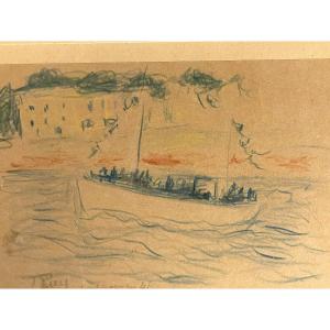 Drawing By Jean Puy: Sailboat Near Concarneau, Dated 1946
