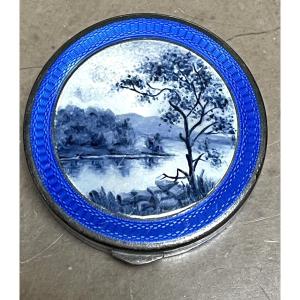 Guilloché And Enameled Silver Powder Compact, Enameled Lakeside Landscape, Early 20th Century