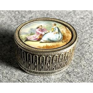 Box, Case, Or Ring Box For An Engagement Ring, Depicting A Romantic Scene, Enamel And Silver-plated Metal
