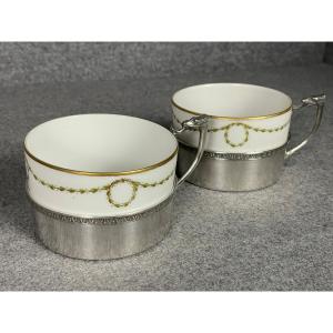 Pair Of Large Chocolate Cups In Porcelain And Silver-plated Metal 