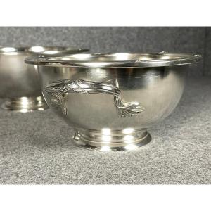 Three Silver-plated Metal Soup Dishes Decorated With Olive Branches, By The Silversmith Boulenger.