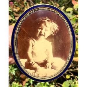 Oval Photo Frame In Bronze And Blue Sèvres Enamel, 19th Century