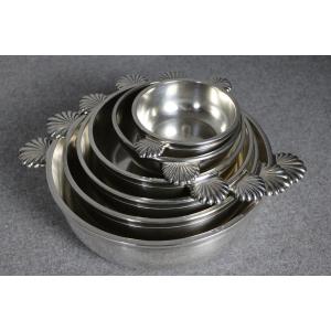 Set Of Eight Deep Dishes, Shell-shaped Handles, "white Metal," Early 20th Century
