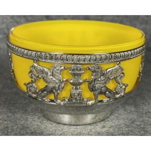 Yellow Opaline Glass Trinket Dish With Silver-plated Metal Frame, 19th Century