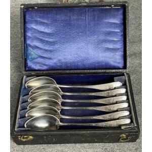 Set Of Six Small Guilloché Silver Spoons
