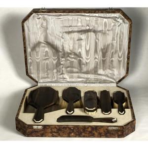 Necessary Toilet Set In Macassar Ebony And Ivory, Typical Of The Art Deco Period