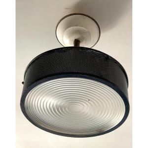 Guariche, Pair Of Ceiling Lights (chandelier, Pendant) In Perforated Metal And Fresnel Lens