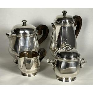 Art Deco Solid Silver Coffee And Tea Service By Silversmith Bibollet, Circa 1930 