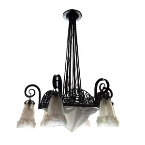 David Guéron, Known As Degué: Art Deco Chandelier With Large Bowl And 6 Tulip Shades, Circa 1930