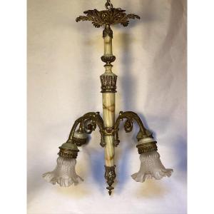 Napoleon III Chandelier In Gilt Bronze And Onyx, Directoire Style, 19th Century