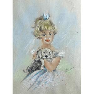 Young Girl With A Small Dog By Jules Gustave Lempereur (belgian School) In The Style Of Domergue