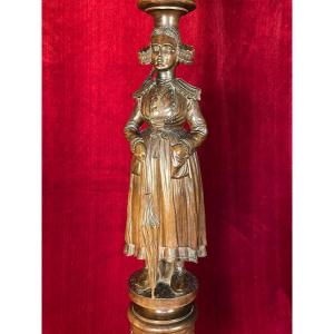 Carved Wooden Pedestal Table: Breton Woman With Umbrella, Pont-aven – Brittany, Late 19th Century