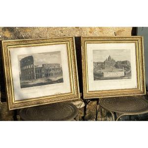 Pair Of Empire-style Frames In Gilt Wood And Engravings, Italy, 1824