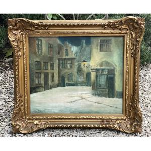 Jan Kennis Mechelen Flanders Small Snow-covered Square Large Oil On Canvas