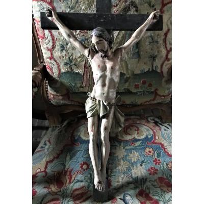 Large Christ In Polychrome Carved Wood Eighteenth