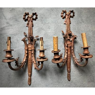 Pair Of Louis XVI Patinated Bronze Sconces With Two 19th Century Sconces.