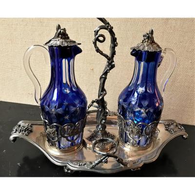 Silver Oil Cruet And Vinegar Decor Louis XV Napoleon III Style Crystal Overlay