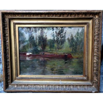 Barge By Léon De Bastard Oil On Canvas