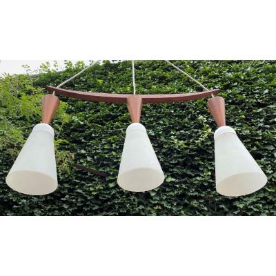 Scandinavian Teak And Opaline Chandelier
