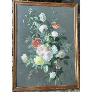 Bouquet Of Flowers, Roses, Forget-me-nots And Poppies, Gouache