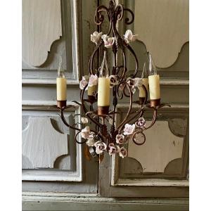 Bronze And Brass Chandelier With Porcelain Flowers Niii