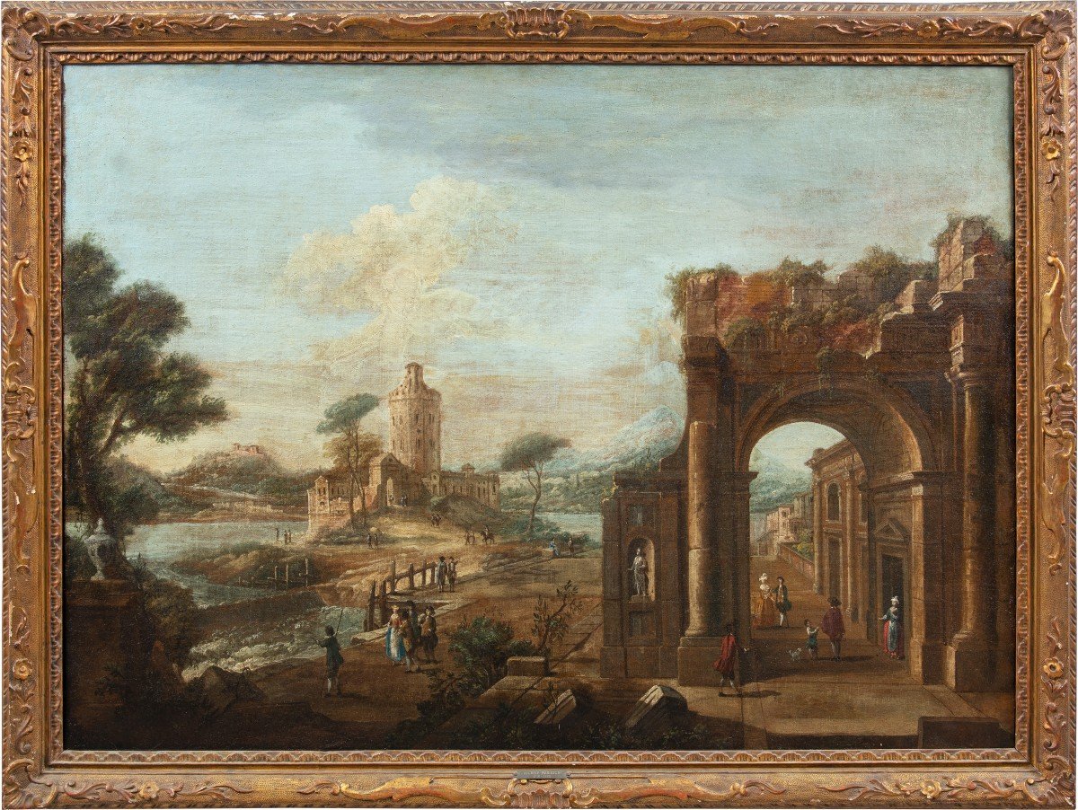 Francesco Battaglioli (Modena 1710 ca. - Venezia post 1796) - Capriccio architettonico con pers