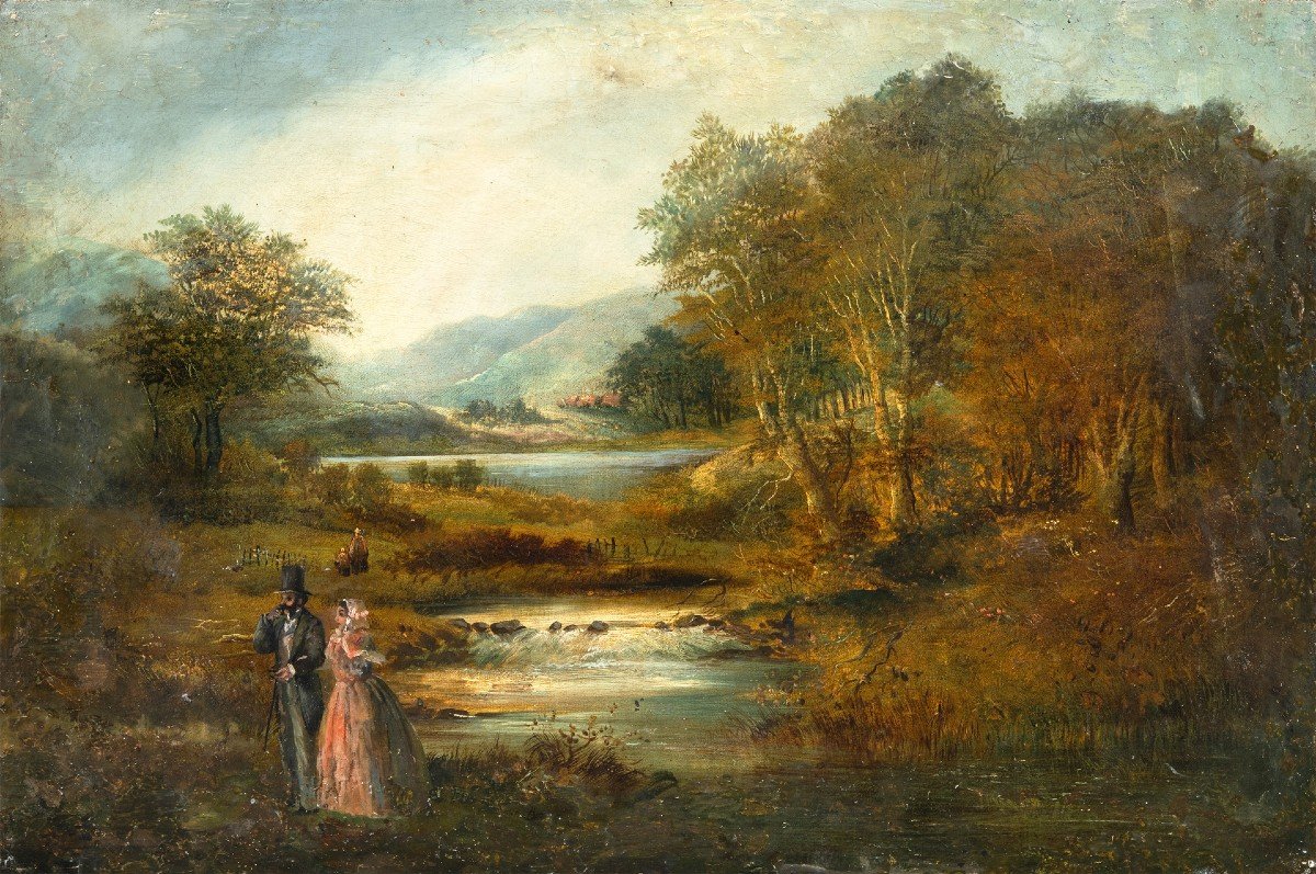 Pittore europeo (XIX sec.) - Paesaggio fluviale con nobili a passeggio. 