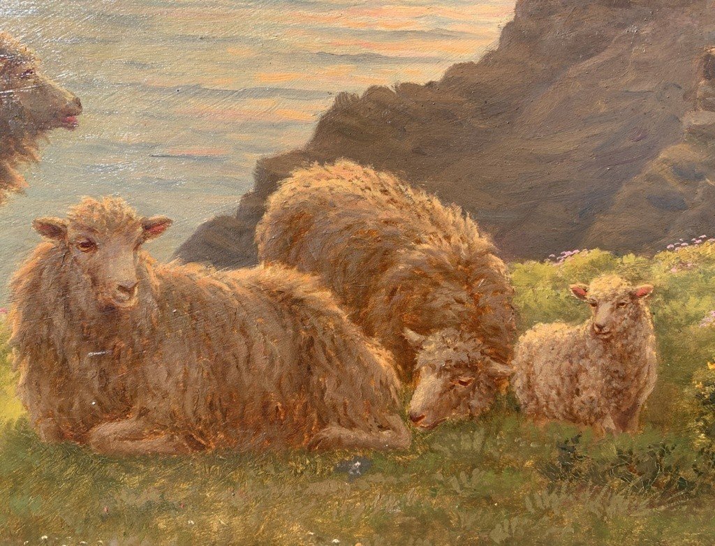 Charles H. Branscombe (British, 1858 - 1924) - Pecore al pascolo al mattino.-photo-3