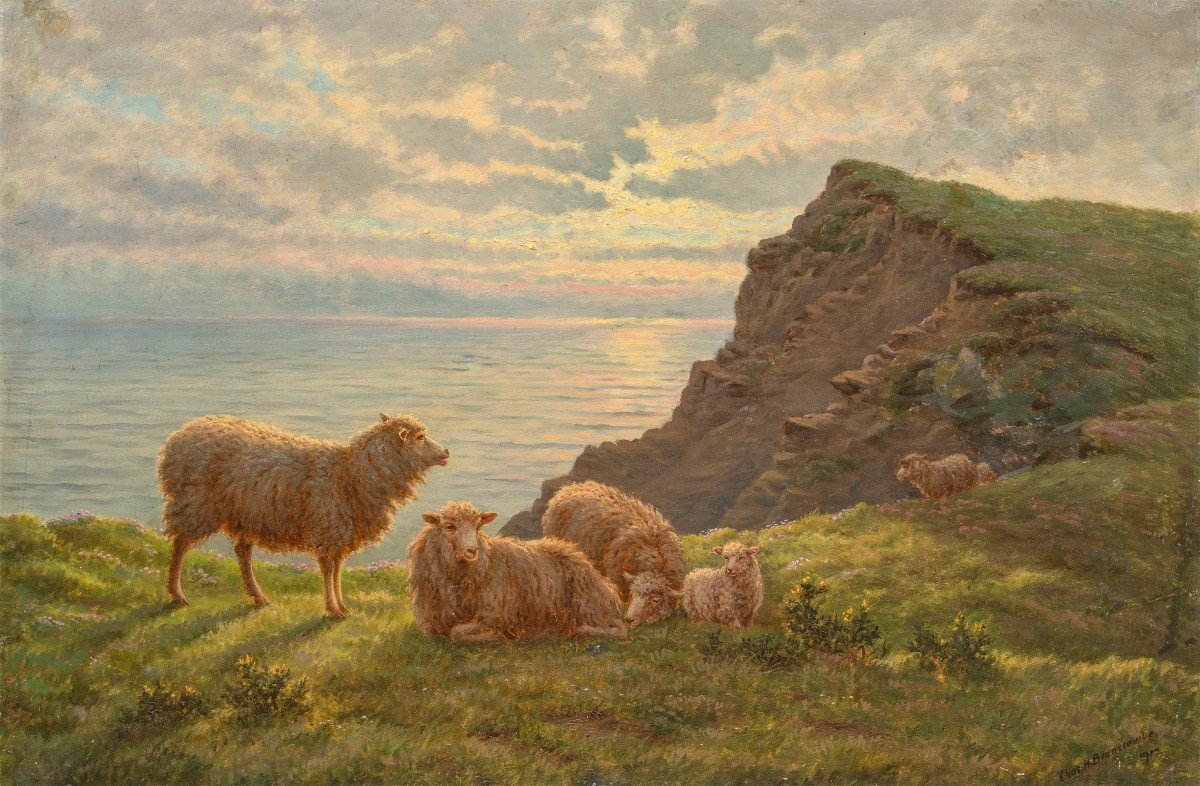 Charles H. Branscombe (British, 1858 - 1924) - Pecore al pascolo al mattino.
