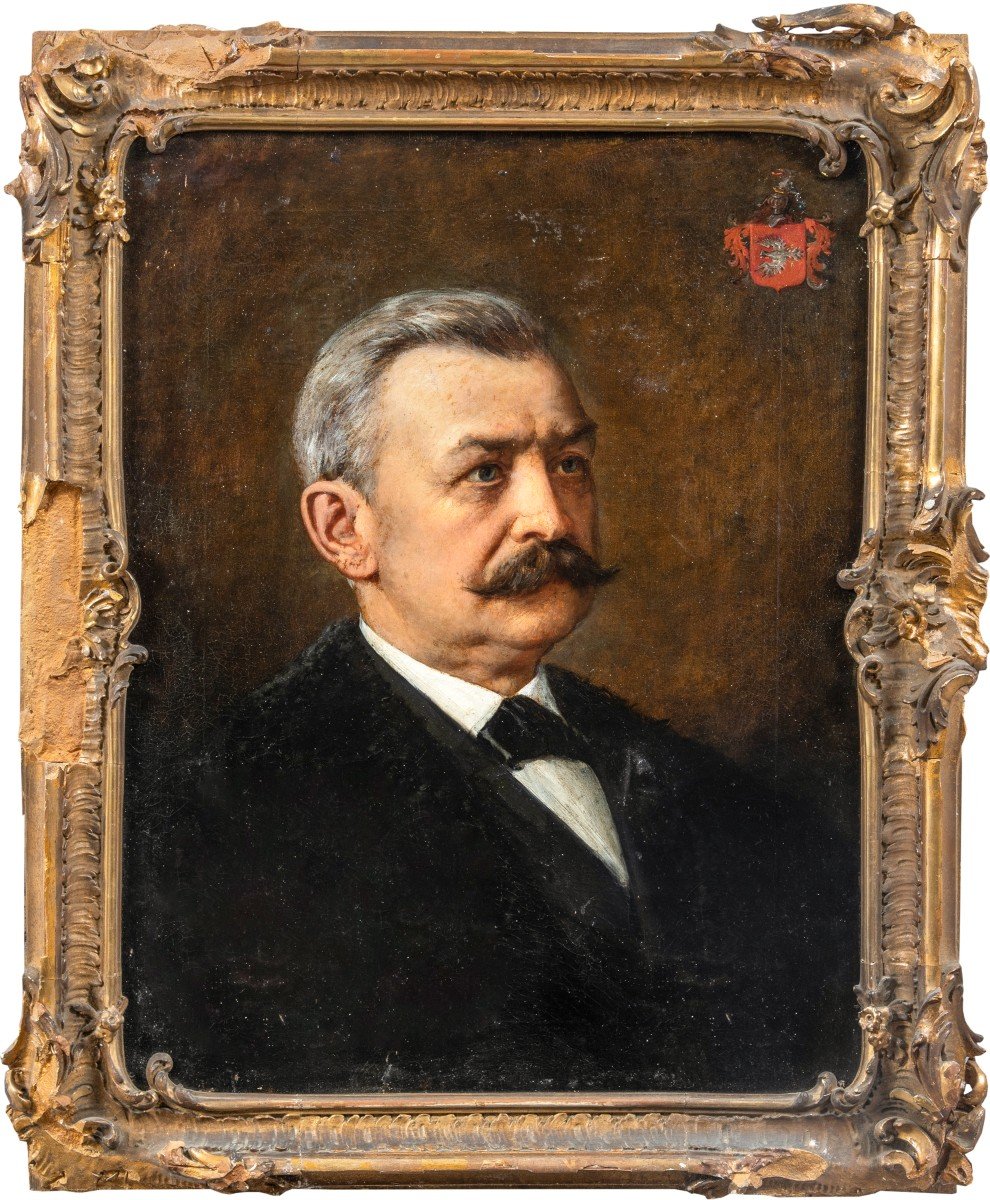 Pittore europeo (fine XIX sec.) - Ritratto di gentiluomo con stemma.