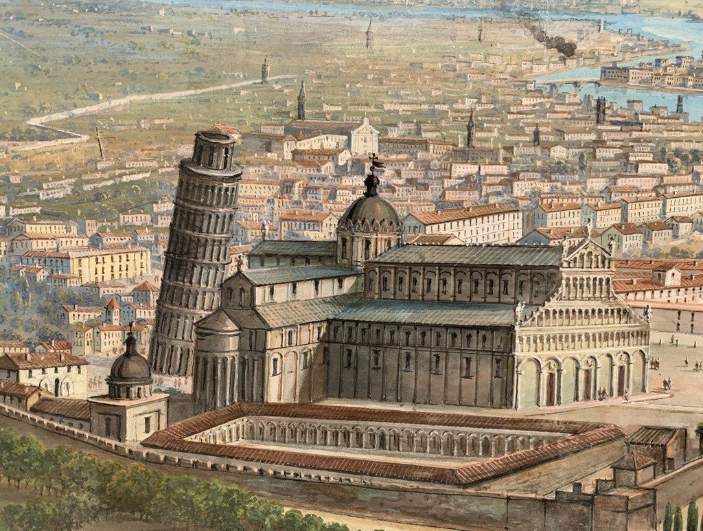 Pittore italiano (fine XIX sec.) - Pisa, veduta a volo d’uccello con la Torre pendente.-photo-3