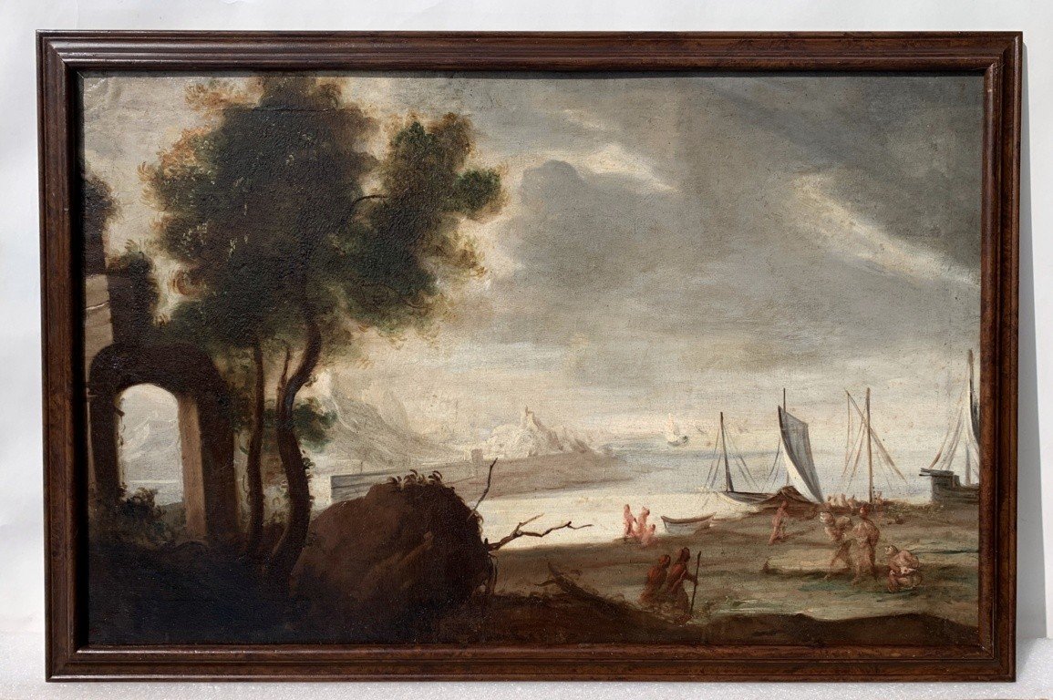 Pittore italiano (XVII secolo) - Paesaggio portuale con figure.-photo-2