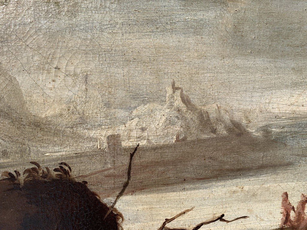 Pittore italiano (XVII secolo) - Paesaggio portuale con figure.-photo-4