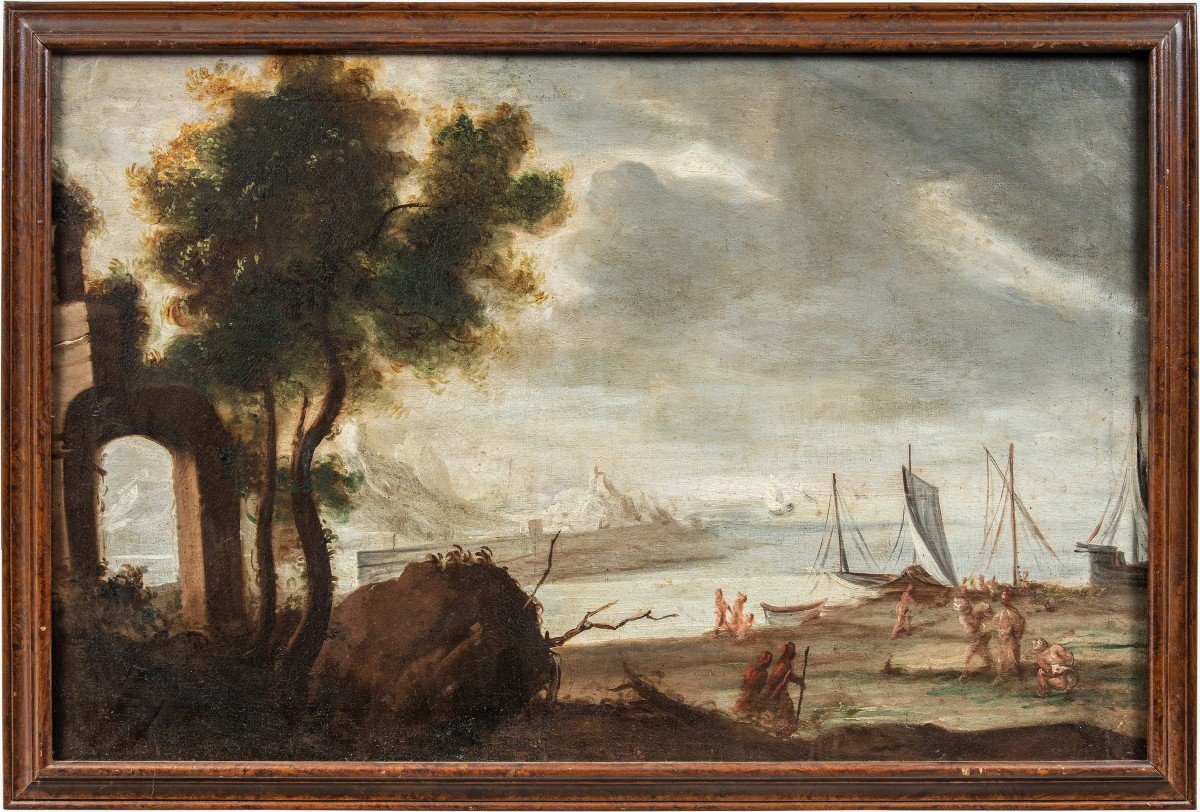 Pittore italiano (XVII secolo) - Paesaggio portuale con figure.