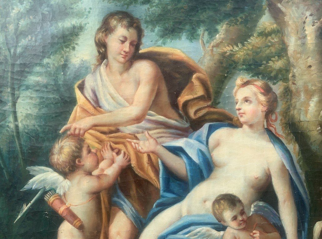 Seguace di François Lemoyne (XIX sec.) - Scena mitologica con due putti e levrieri.-photo-3