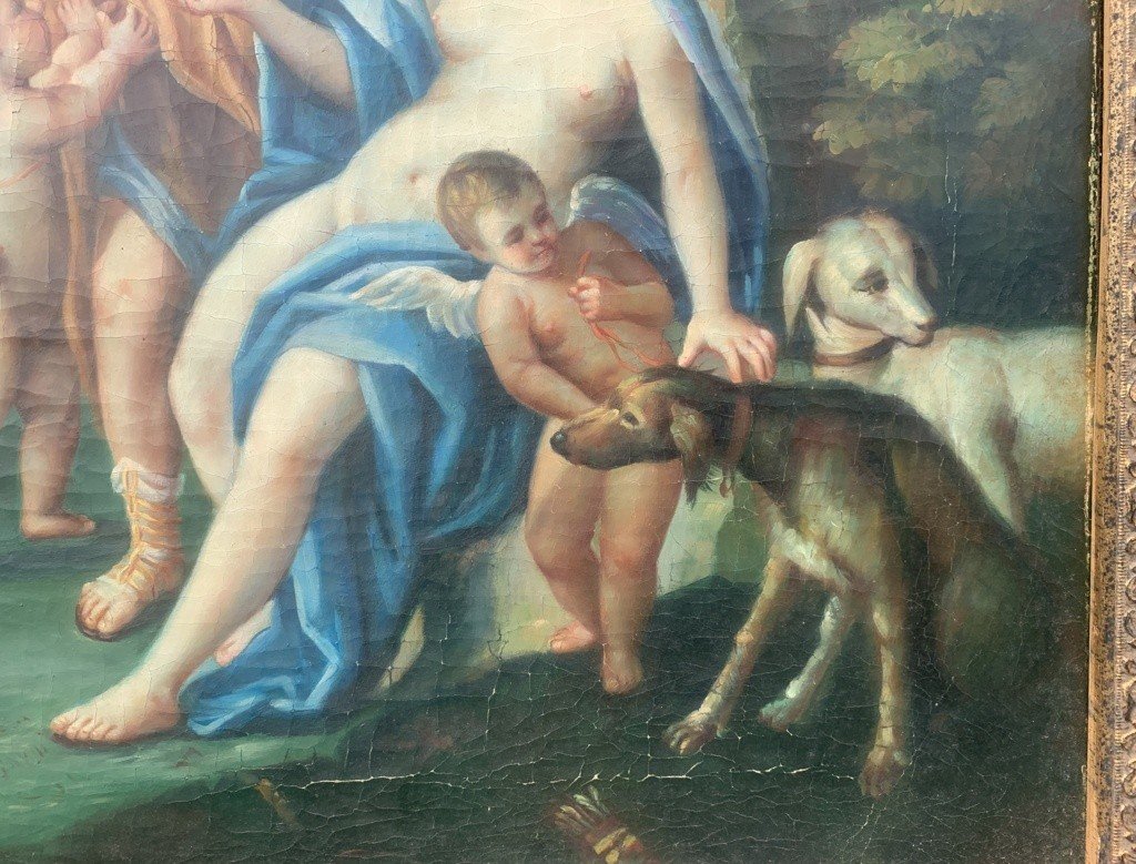 Seguace di François Lemoyne (XIX sec.) - Scena mitologica con due putti e levrieri.-photo-4