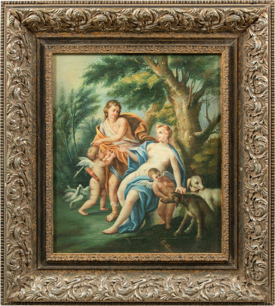 Seguace di François Lemoyne (XIX sec.) - Scena mitologica con due putti e levrieri.