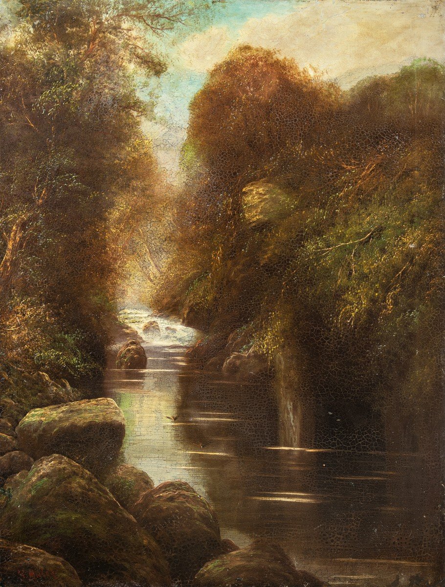 W. Miller (British, fine XIX sec.) - Paesaggio boschivo con ruscello.