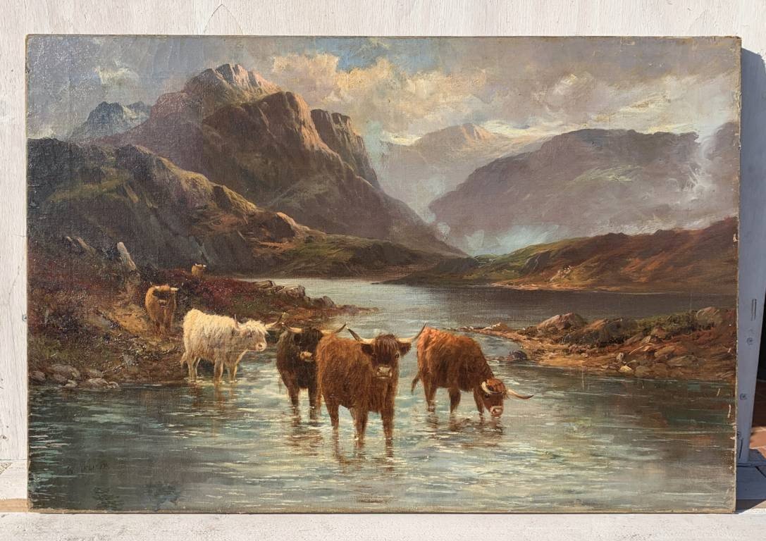 Pittore delle Highlands (fine XIX sec.) - Bestiame delle Highlands al lago.-photo-2