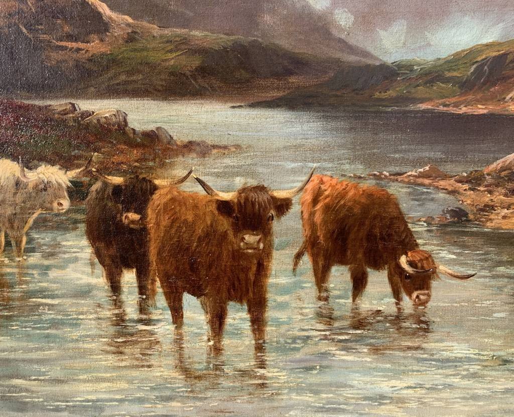 Pittore delle Highlands (fine XIX sec.) - Bestiame delle Highlands al lago.-photo-3