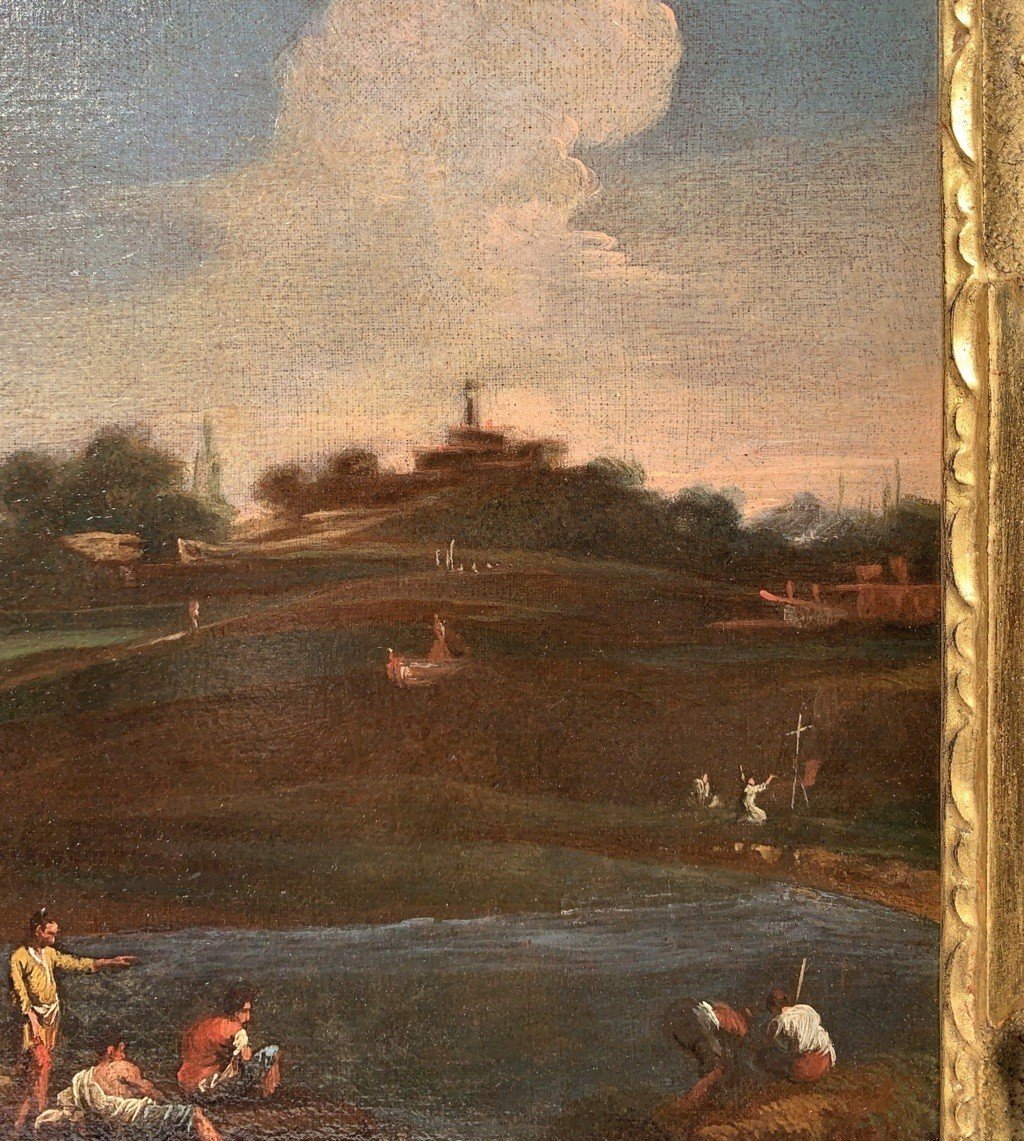 Pittore veneziano (XVIII sec.) - Paesaggio fluviale con personaggi.-photo-3
