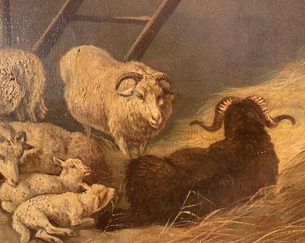 Pittore italiano (XIX sec.) - Pecore nella stalla.-photo-4